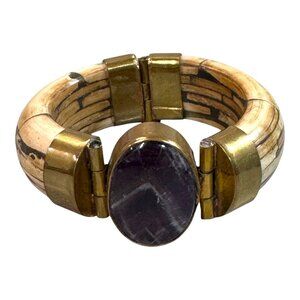 Vtg Carved Bone Boho Brass Wood Bangle Bracelet Large Amethyst Stone Statement
